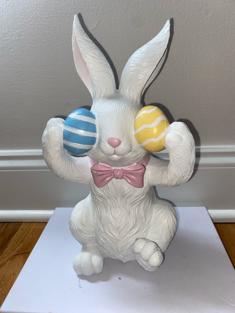 White Easter Bunny Figurine with Blue & Yellow Eggs
